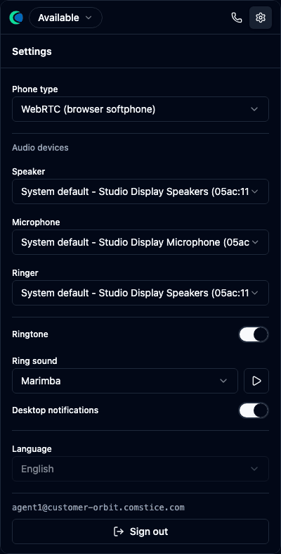 The settings panel: phone type, audio devices, ringtone, notifications