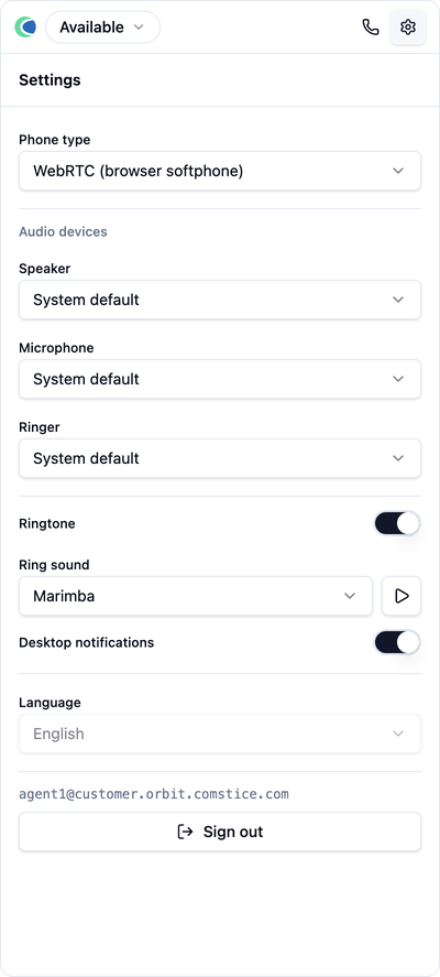 The settings panel: phone type, audio devices, ringtone, notifications