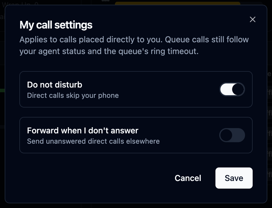 The My call settings dialog with Do not disturb and no-answer forwarding