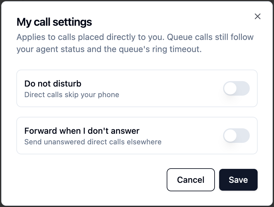 The My call settings dialog with Do not disturb and no-answer forwarding