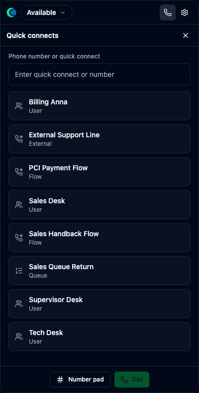 Quick connects list of transfer/dial destinations