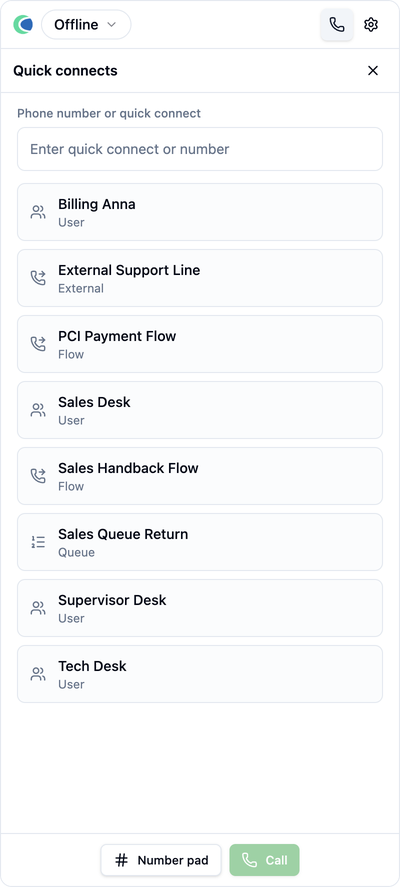 Quick connects list of transfer/dial destinations