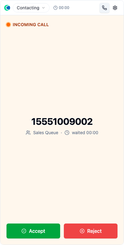 An incoming call with Accept and Reject