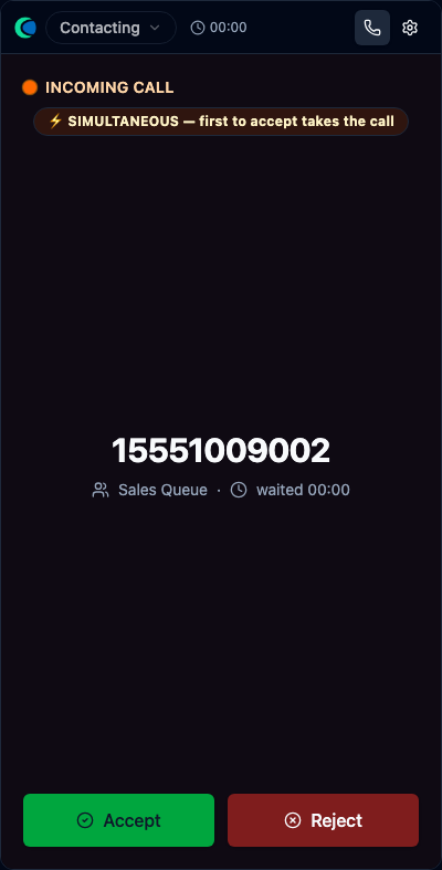 The incoming-call card with the amber SIMULTANEOUS badge