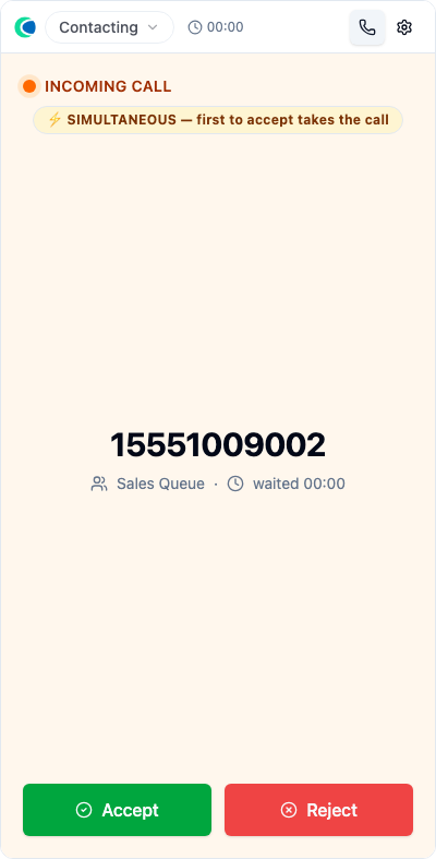 The incoming-call card with the amber SIMULTANEOUS badge