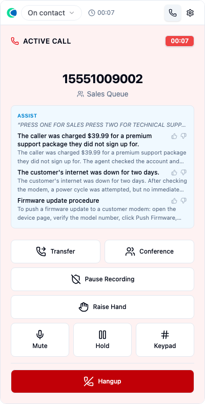 The ASSIST panel showing knowledge-base suggestions during a call