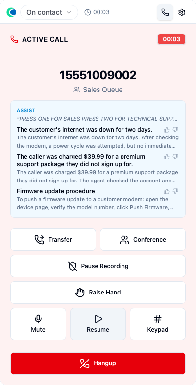 The caller on hold β the Hold button has become Resume