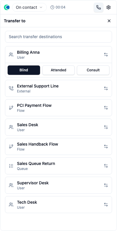 Choosing Blind / Attended / Consult for a destination