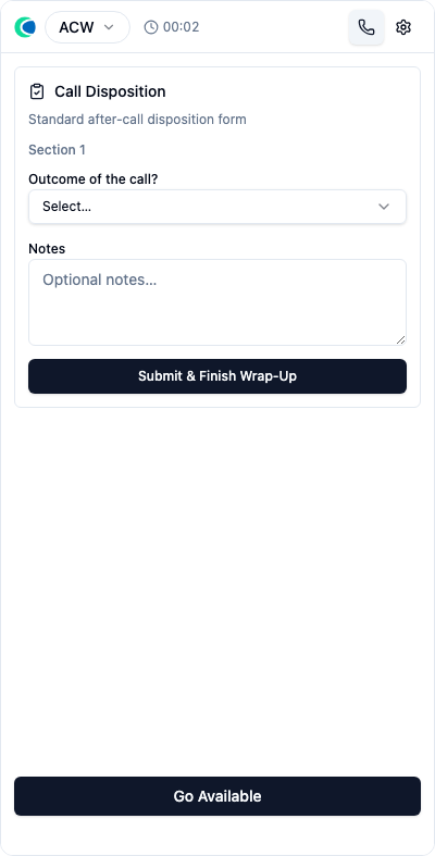 The wrap-up (ACW) state with the Call Disposition form inside the gadget
