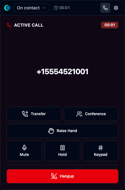 An active manual outbound call β the dialed number on top, no queue label