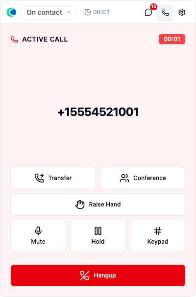 An active manual outbound call β the dialed number on top, no queue label