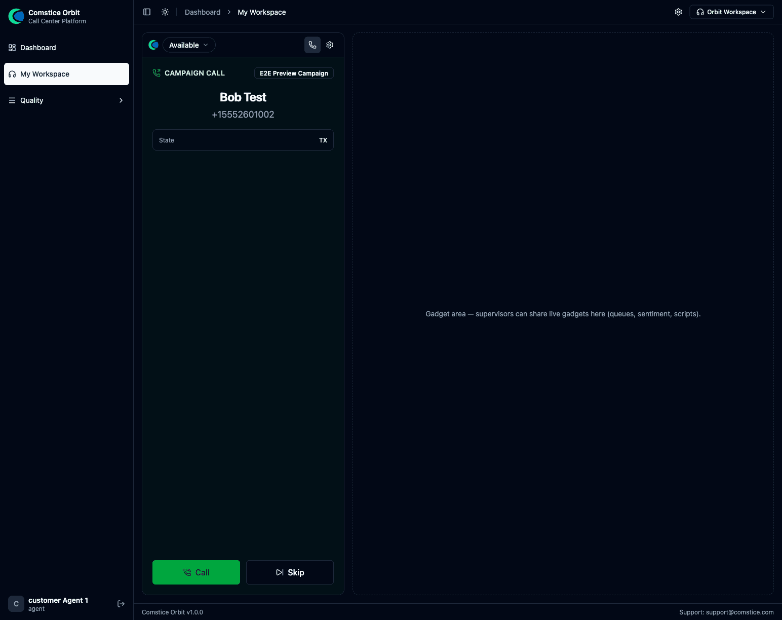 The agent's preview card with contact details and Call / Skip