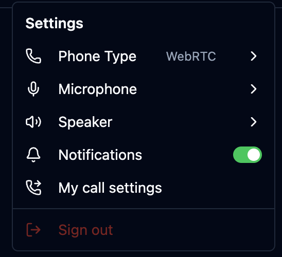 The CCP settings menu with the My call settings entry