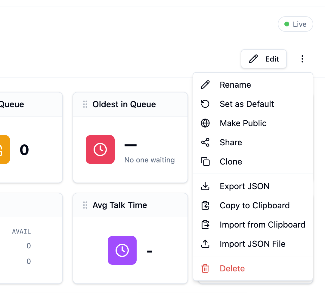 The dashboard owner menu with Rename, Make Public, Share and Clone