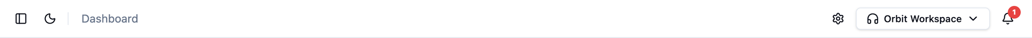 The Orbit header with the breadcrumb on the left and account, notification and theme controls on the right