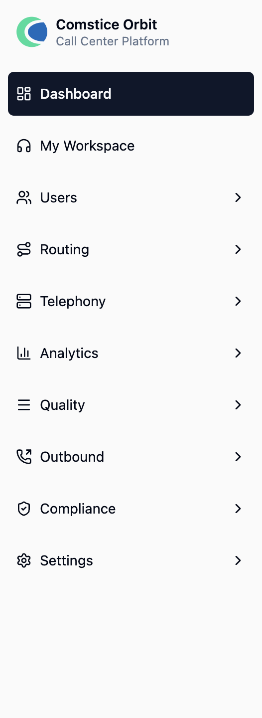 The Orbit sidebar with its grouped, permission-filtered menus