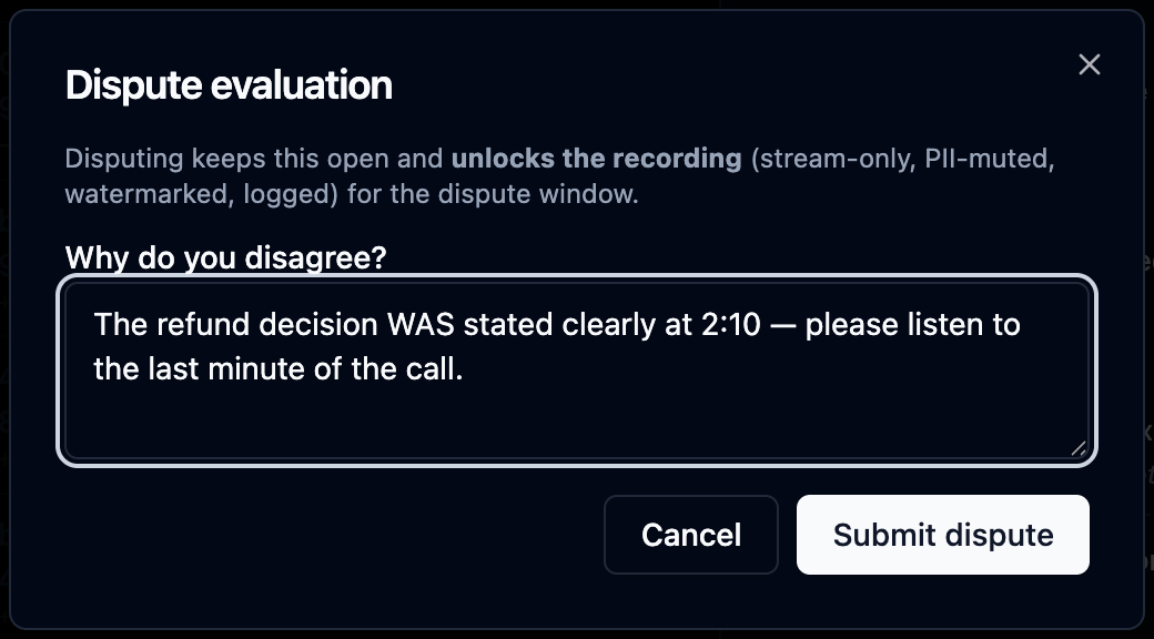 Dispute dialog with the reason field and the unlock notice