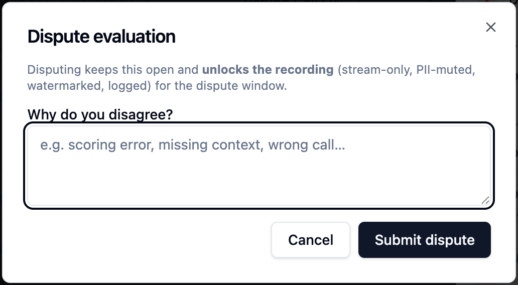 Dispute dialog with the reason field and the unlock notice