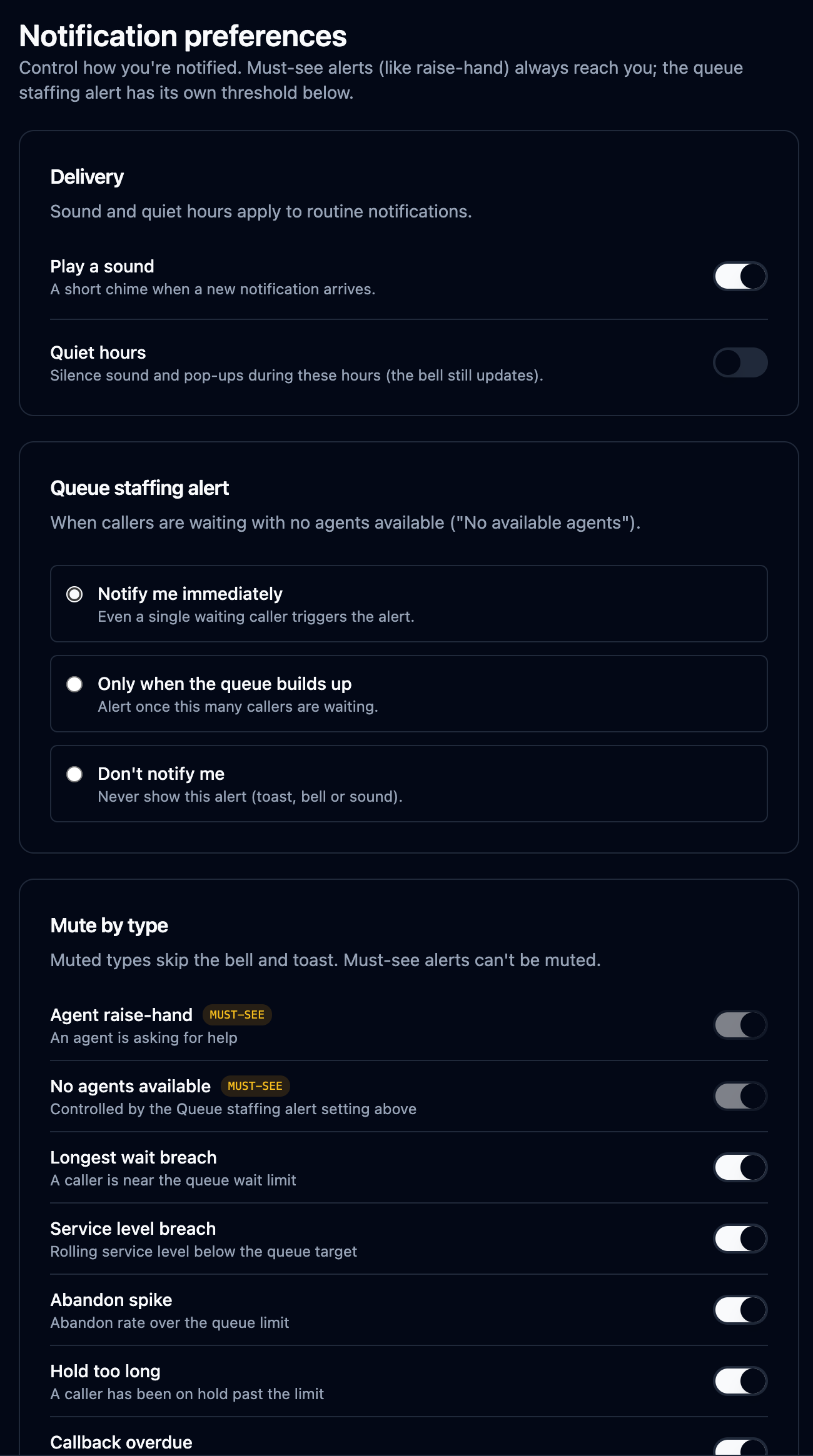 Notification preferences with delivery, queue-staffing alert threshold and mute-by-type toggles