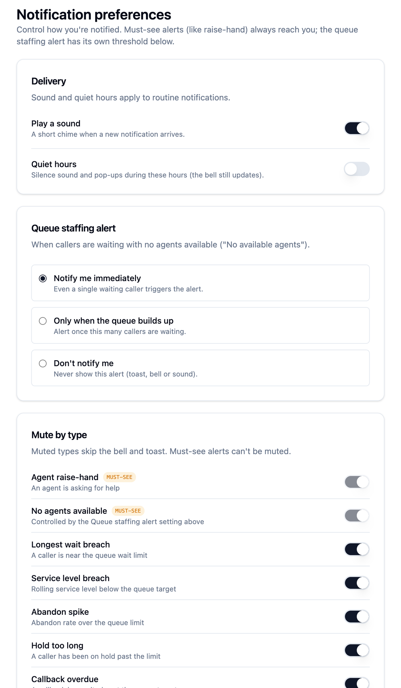 Notification preferences with delivery, queue-staffing alert threshold and mute-by-type toggles