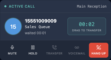 The active call card with the caller's avatar, the live timer and DRAG TO TRANSFER
