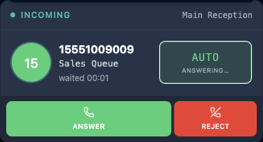 The incoming card with ANSWER and REJECT, and the AUTO badge counting down