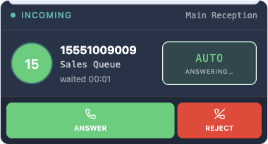 The incoming card with ANSWER and REJECT, and the AUTO badge counting down