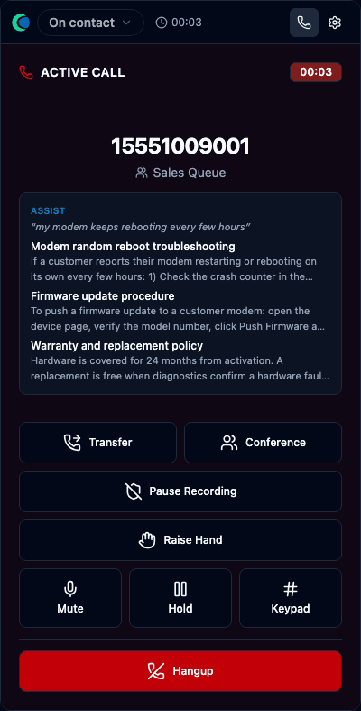 The ASSIST panel showing knowledge-base suggestions during a call