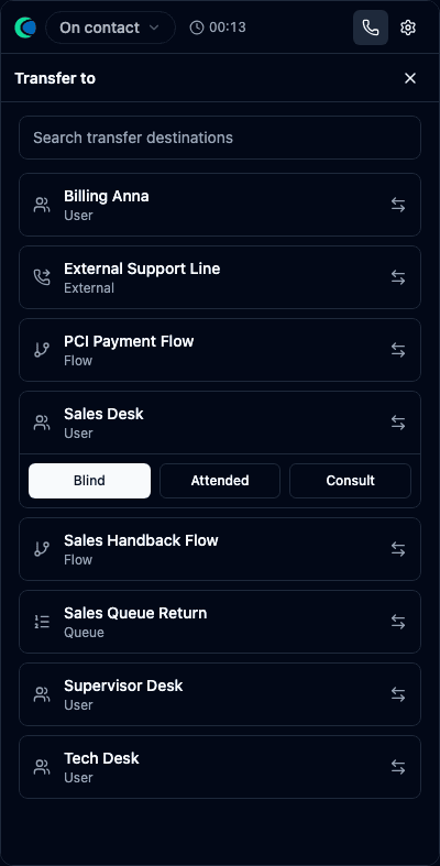 Choosing Blind / Attended / Consult for a destination