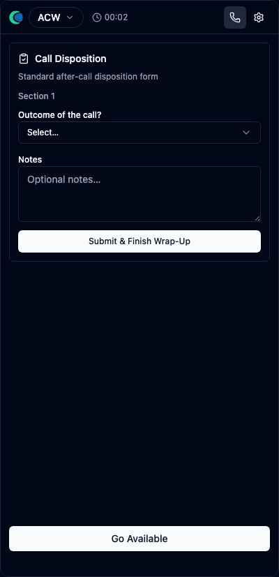 The wrap-up (ACW) state with the Call Disposition form inside the gadget