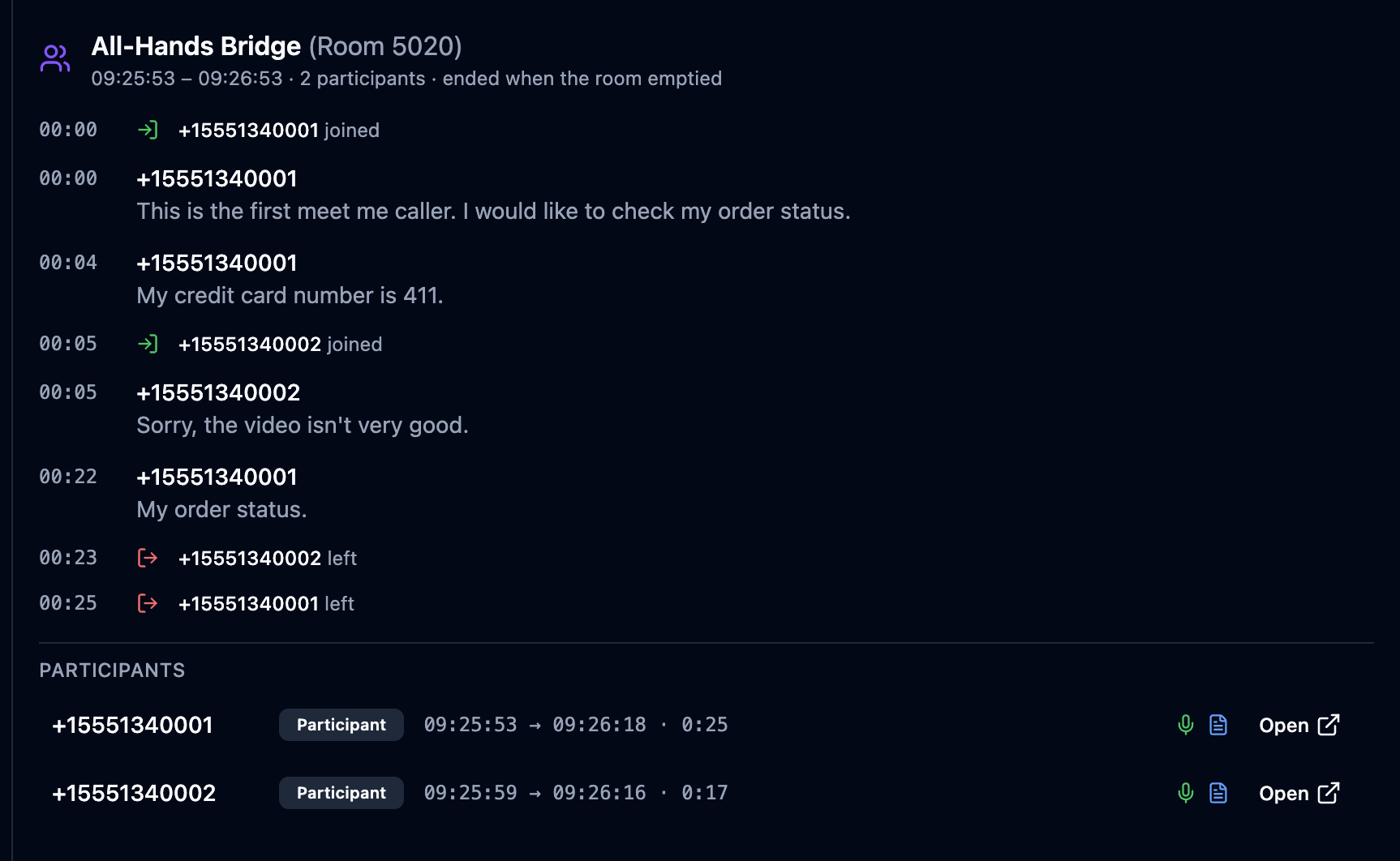 Meeting tab with the unified timeline of joins, leaves and speaker-labelled utterances