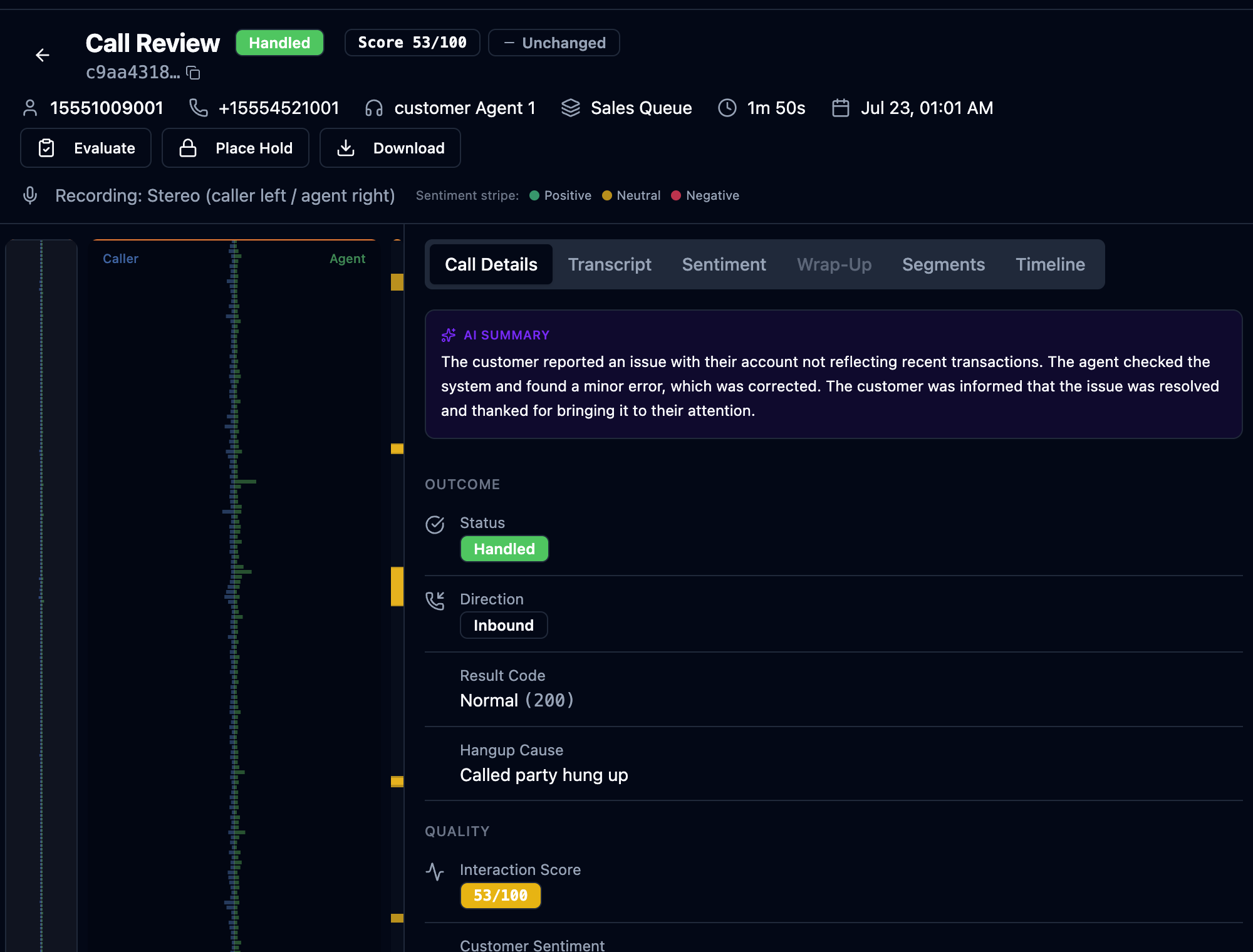 Call Review with the dual-channel waveform, sentiment stripe, AI summary and the tab strip