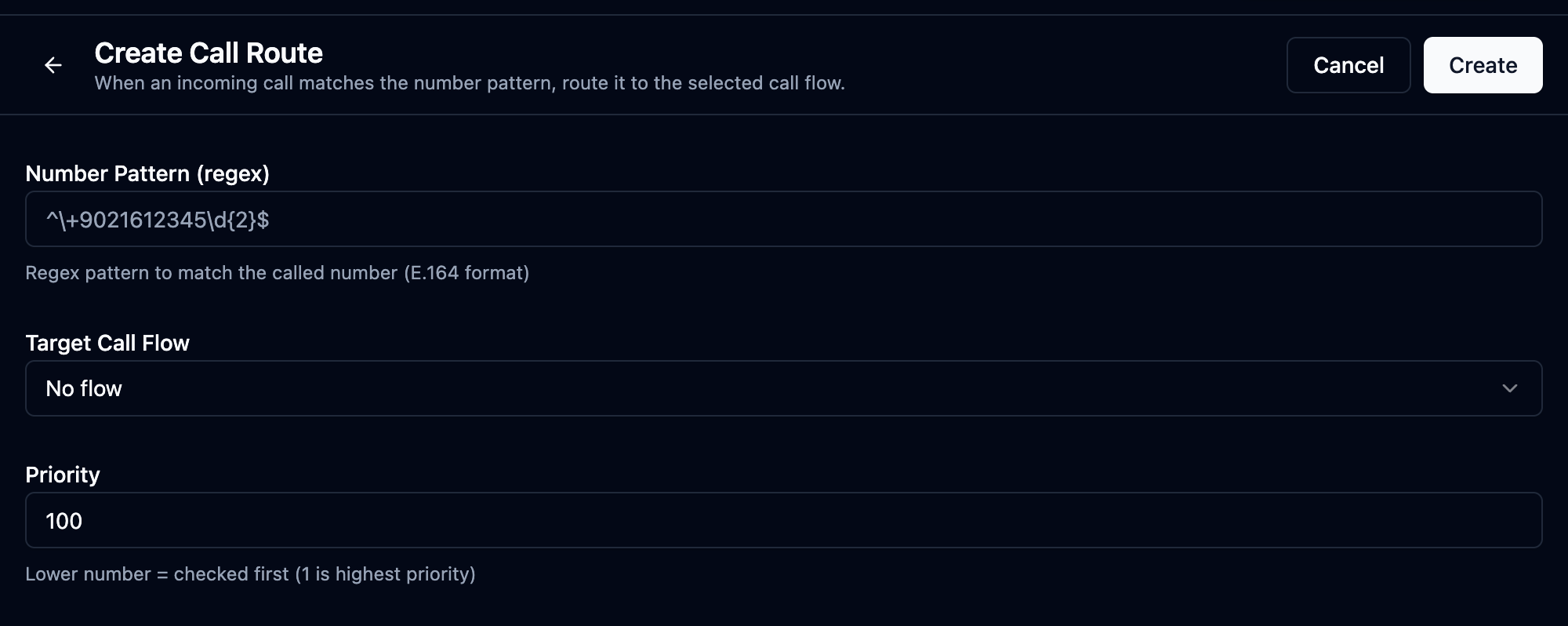 Create Call Route form with a number-pattern regex, target call flow and priority