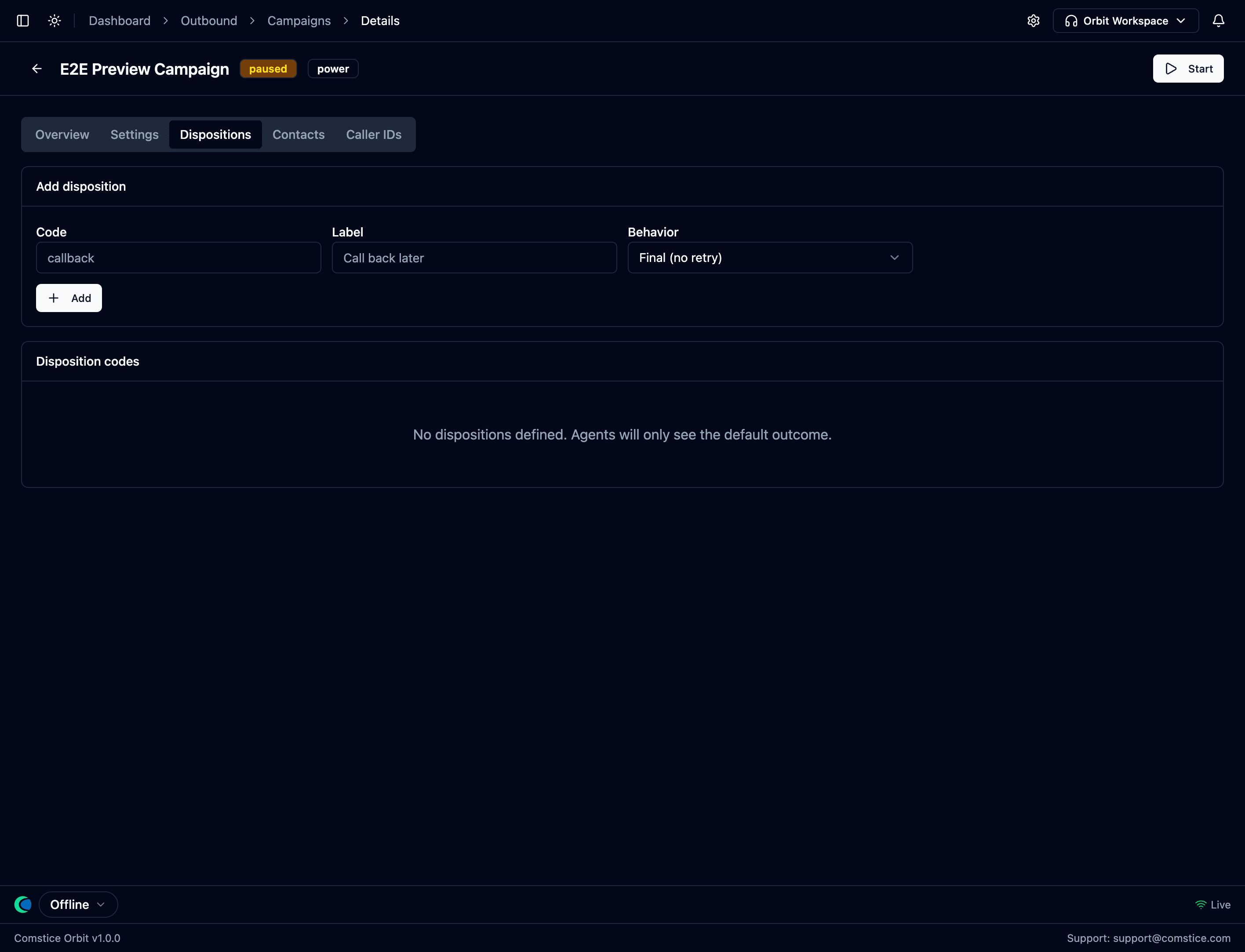 The campaign Dispositions tab