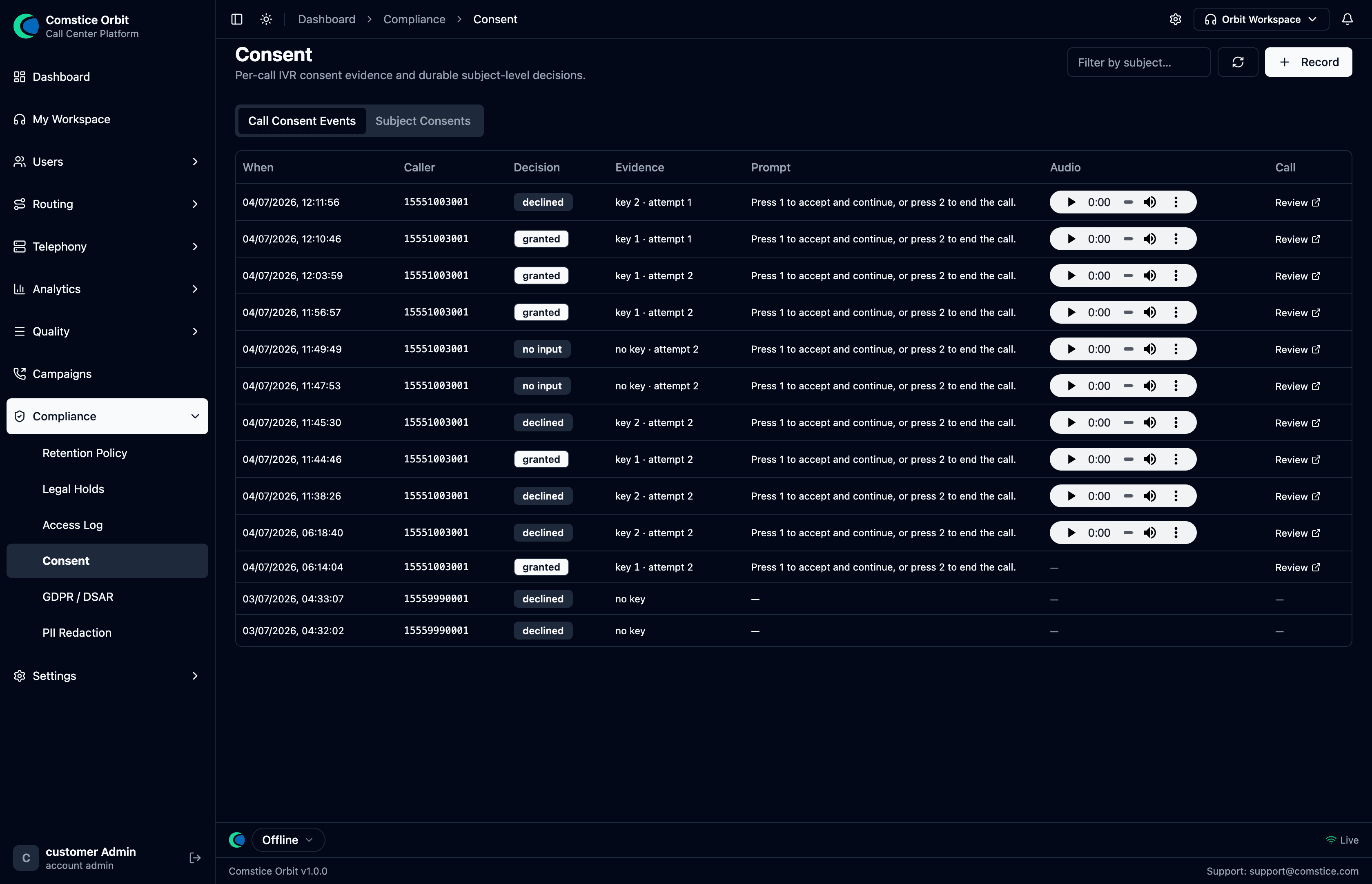 The Consent screen: per-call consent events with decision, evidence, prompt, and audio