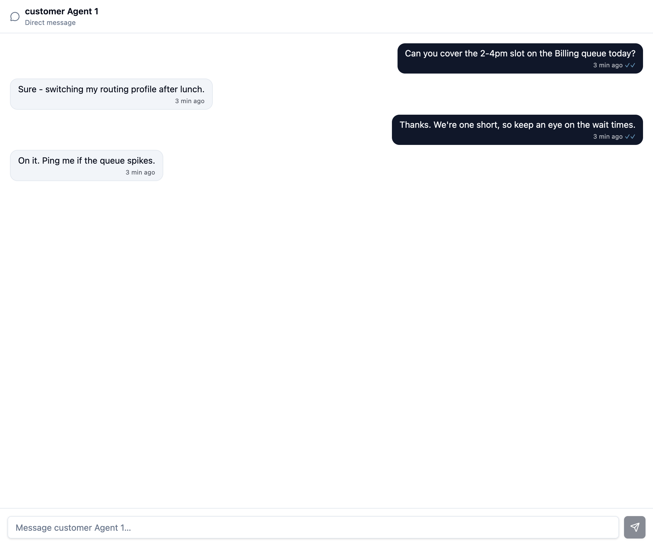 A direct message conversation with sent and read ticks on the outgoing bubbles