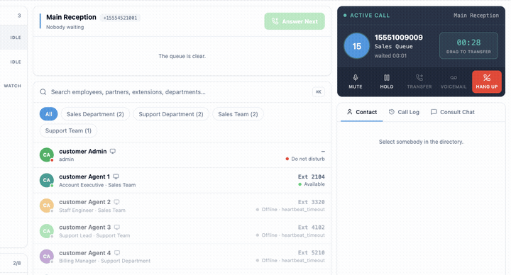 Dragging the caller's avatar from the call card onto an available agent in the directory
