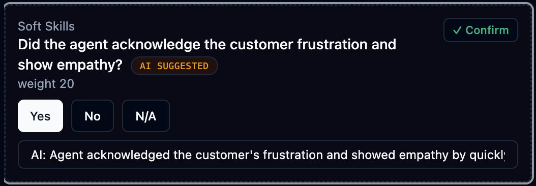 Criterion card with the AI SUGGESTED badge, Yes/No/N.A. buttons and the AI rationale
