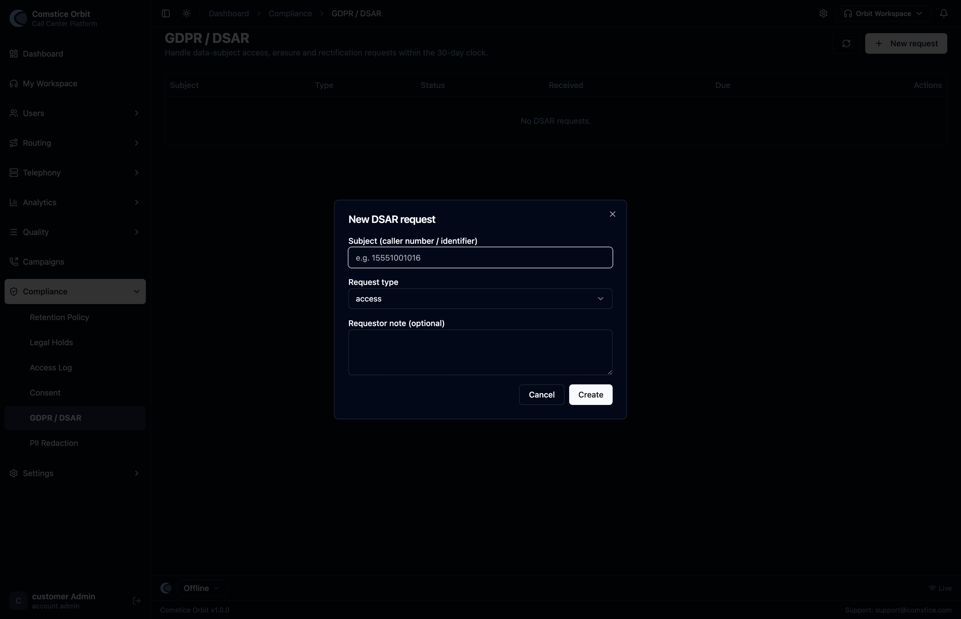 The New DSAR request dialog