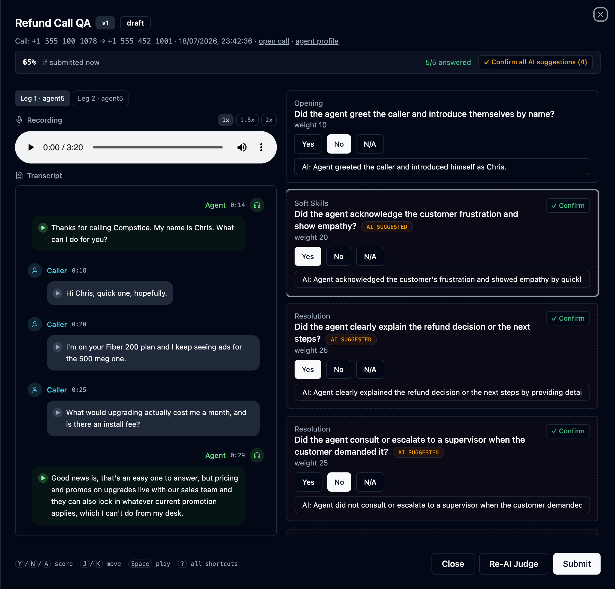 Evaluation drawer with recording player, transcript and scorecard criteria side by side