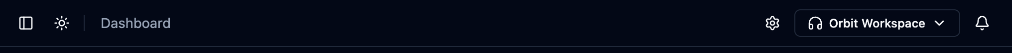 The Orbit header with the breadcrumb on the left and account, notification and theme controls on the right
