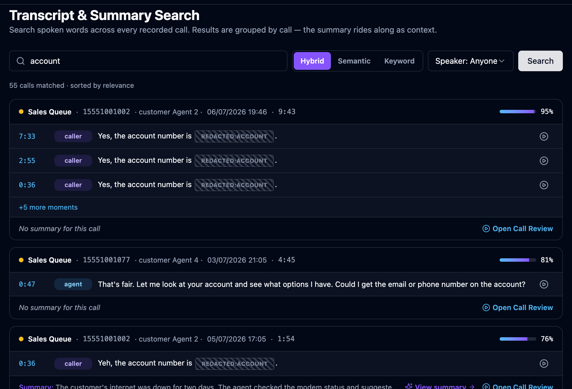 Transcript &amp; Summary Search box with Hybrid / Semantic / Keyword modes and results grouped by call