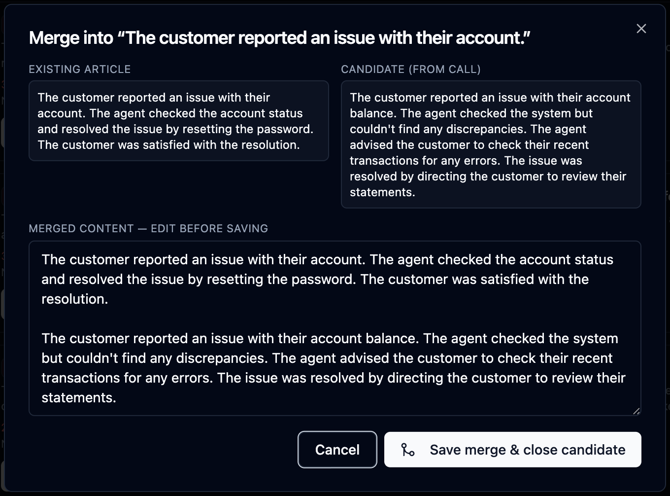 Merge dialog with the existing article, the candidate and the editable merged content