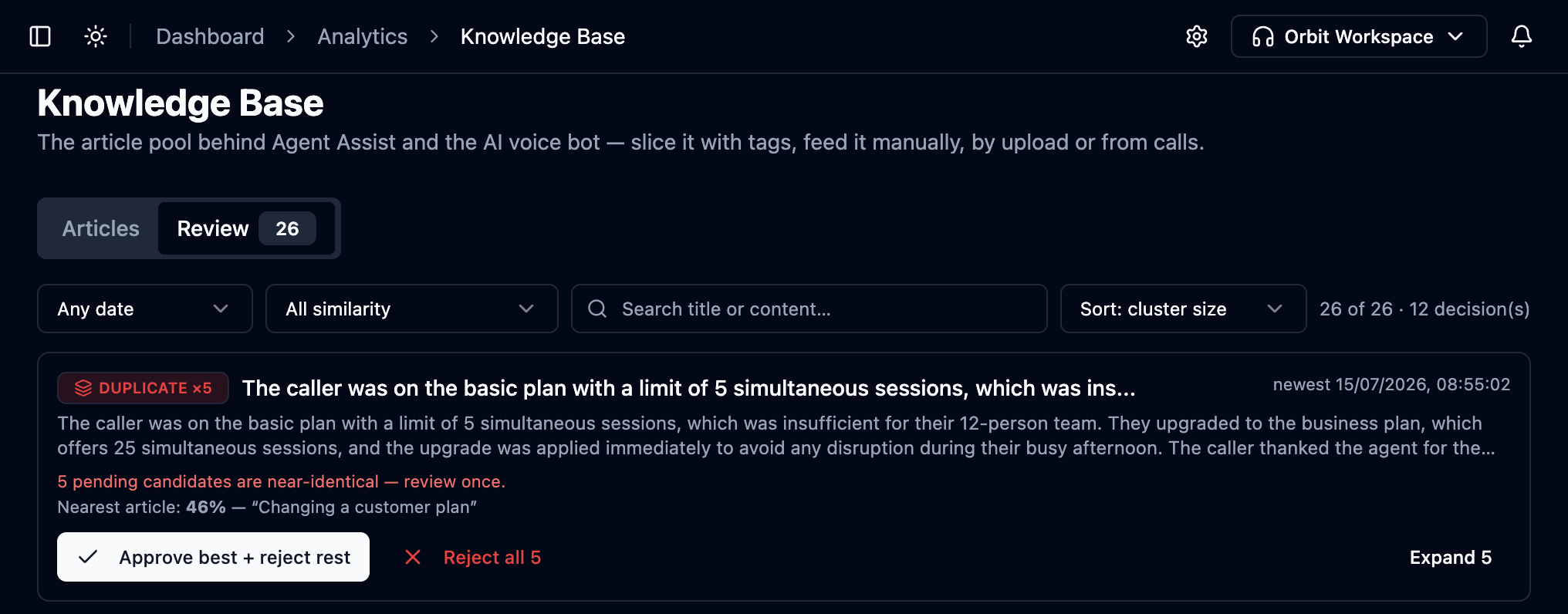Review tab with similarity filters and a clustered duplicate group