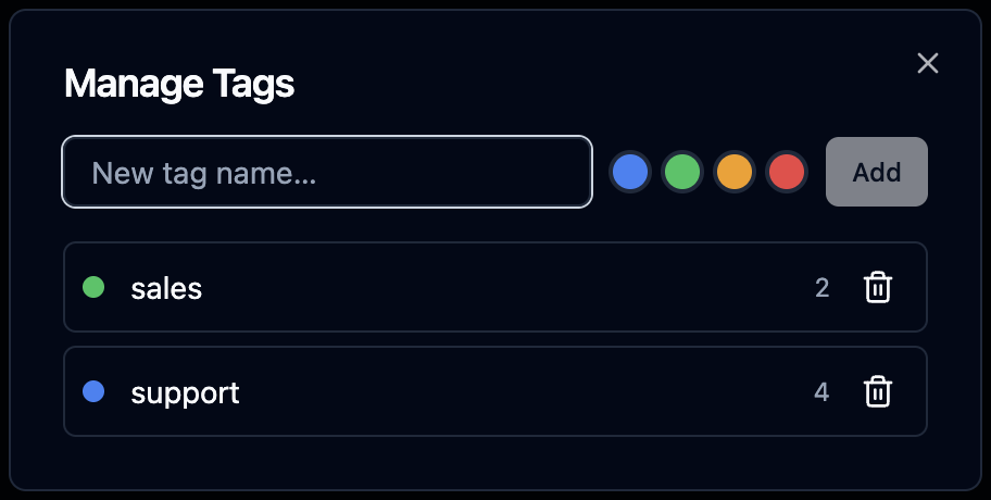 Manage Tags dialog with colour swatches and per-tag article counts