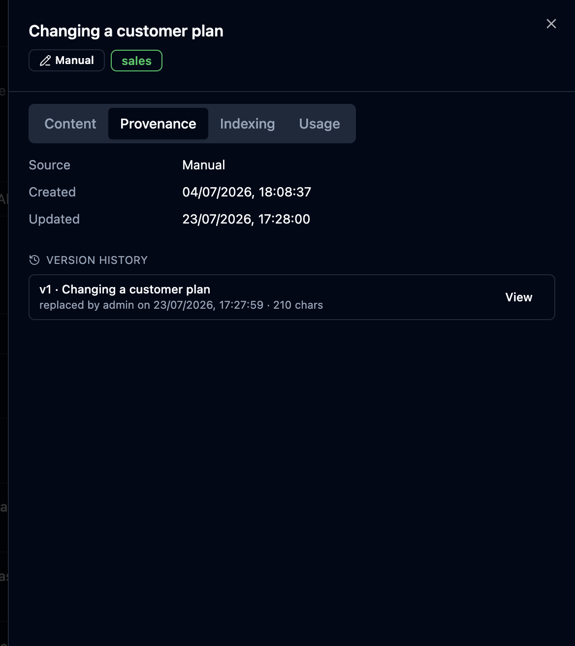 Version history on the Provenance tab