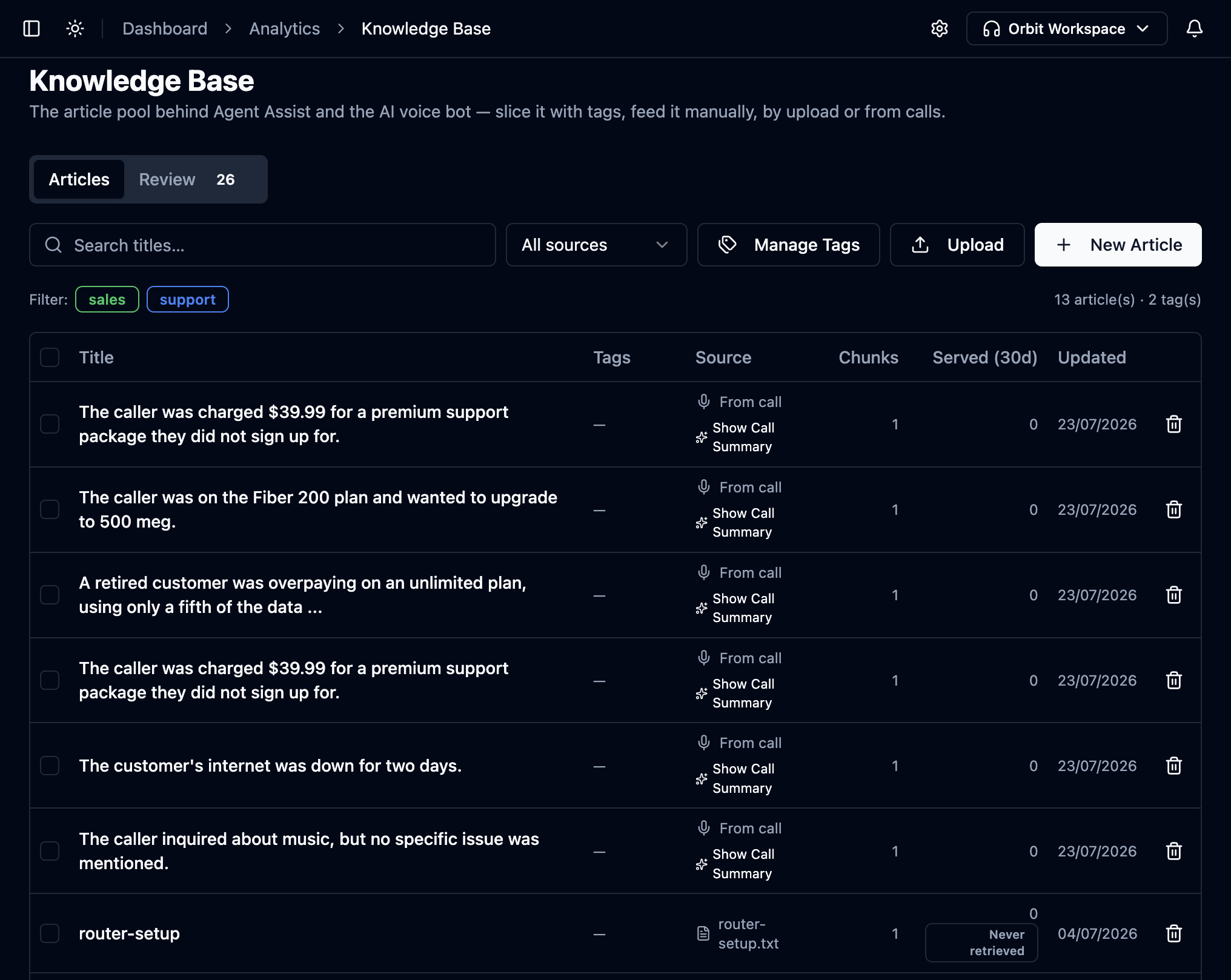 Knowledge Base workspace with the article list, tabs and toolbar