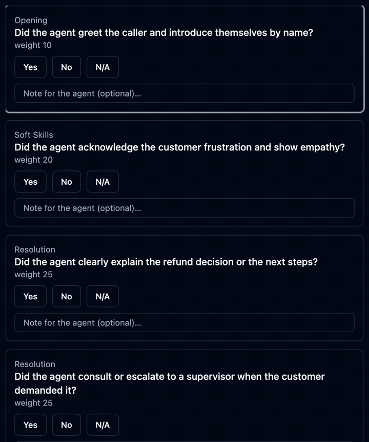 Scoring criteria with the keyboard: answers fill in and the focus ring advances
