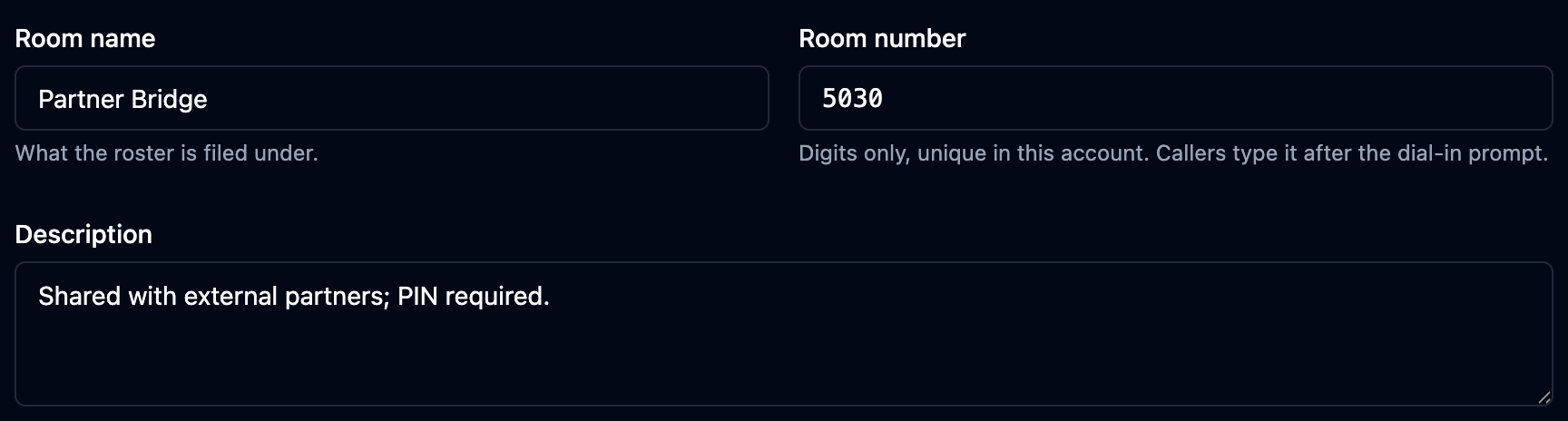 New room form with the room name, room number and description fields