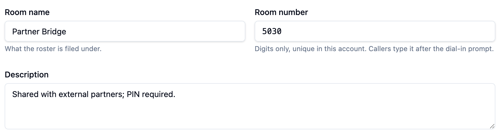 New room form with the room name, room number and description fields